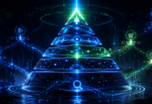 Digital pyramid with connected icons representing SEO and marketing concepts.