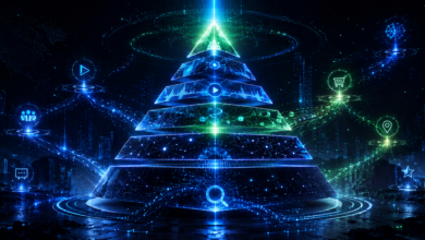 Digital pyramid with connected icons representing SEO and marketing concepts.