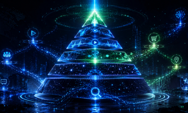 Digital pyramid with connected icons representing SEO and marketing concepts.