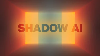 Abstract image with the text 'SHADOW AI' in a glowing, colorful environment.