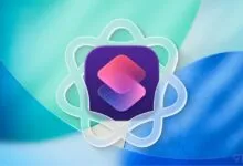 Apple Shortcuts app icon on a blue and green textured background.