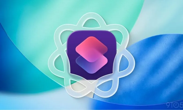 Apple Shortcuts app icon on a blue and green textured background.