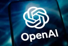 OpenAI logo on a smartphone screen, white on a blue background.