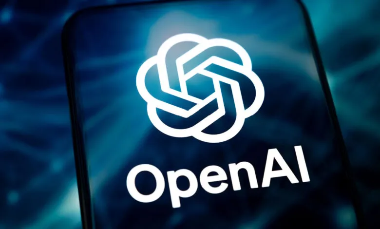 OpenAI logo on a smartphone screen, white on a blue background.