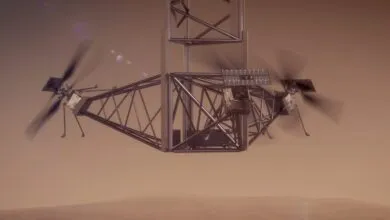 Mars helicopter Ingenuity hovering above the Martian surface.