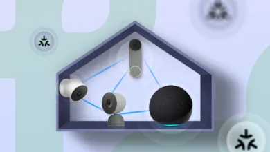 Smart home devices connected via Thread mesh network inside a house shape.