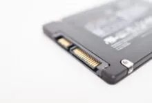 Close-up of a solid-state drive (SSD) showing the SATA connector.
