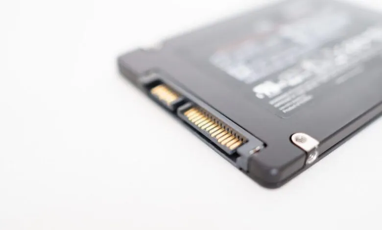 Close-up of a solid-state drive (SSD) showing the SATA connector.