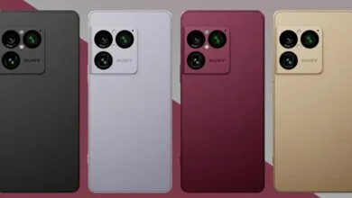 Four Sony Xperia phones in black, silver, red, and gold showing camera array.