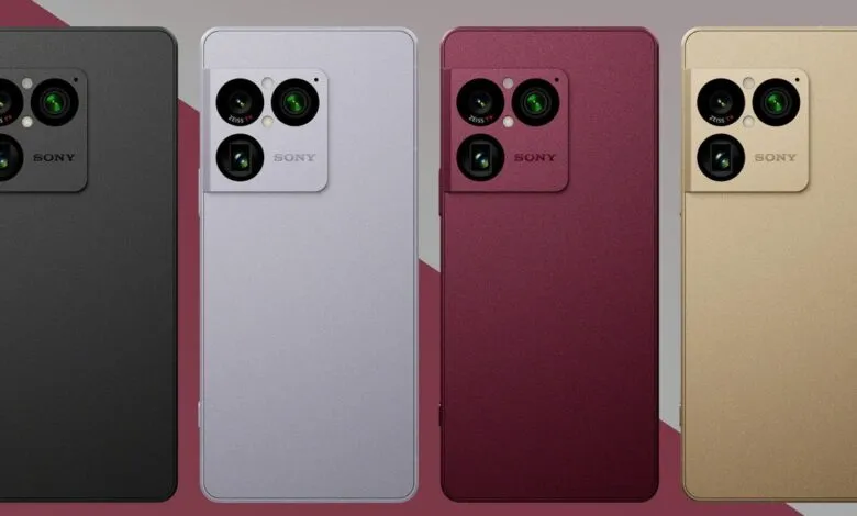 Four Sony Xperia phones in black, silver, red, and gold showing camera array.