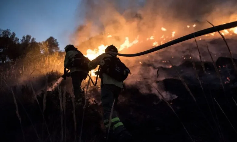 Two firefighters battling a wildfire with a hose at dusk.