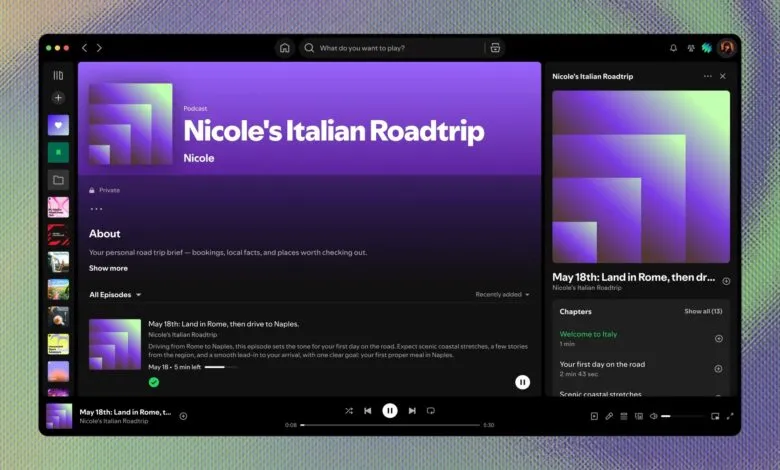 Spotify interface showing 'Nicole's Italian Roadtrip' podcast with episode details.