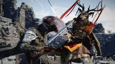 Two armored figures clash swords amidst crumbling stone ruins, sparks flying.