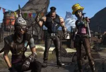 Three Borderlands characters stand in a desert wasteland setting.