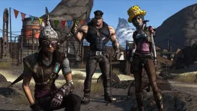 Three Borderlands characters stand in a desert wasteland setting.