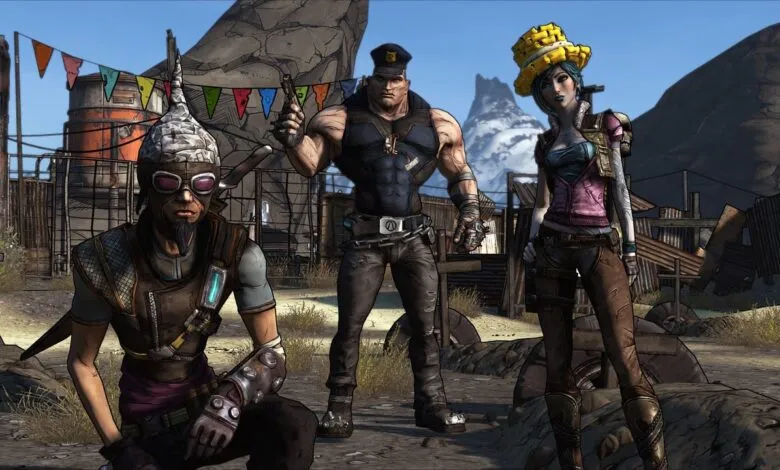 Three Borderlands characters stand in a desert wasteland setting.