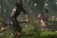 Woman with hammer faces two trolls in a flower-filled forest clearing.