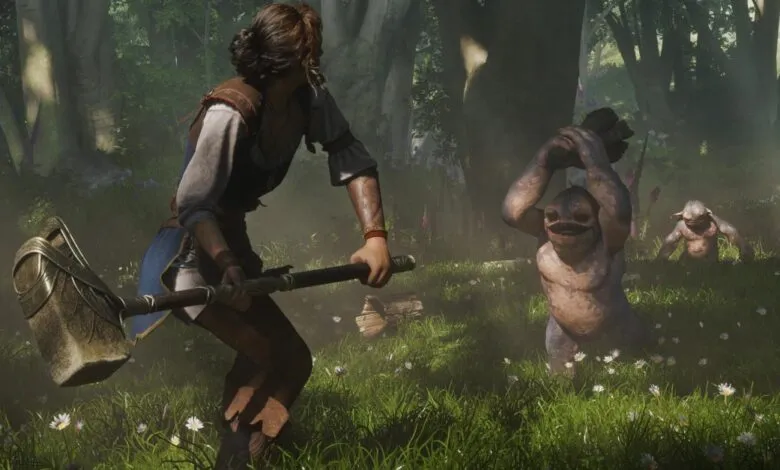 Woman with hammer faces two trolls in a flower-filled forest clearing.