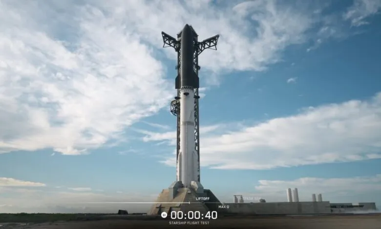 SpaceX Starship rocket on launchpad against a blue sky with scattered clouds.