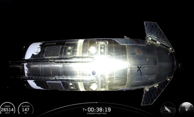 SpaceX Starship in flight, showing speed and altitude data.
