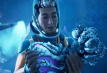 Animated character in diving suit holds alien object underwater.