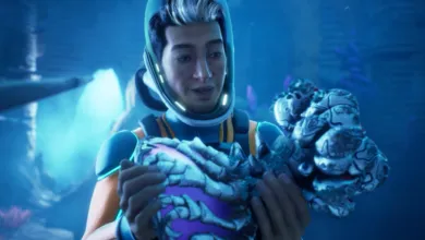 Animated character in diving suit holds alien object underwater.