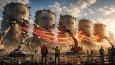 Construction workers demolish silos labeled CRM, Analytics, Email, Support, and Social.