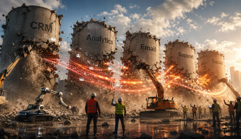 Construction workers demolish silos labeled CRM, Analytics, Email, Support, and Social.