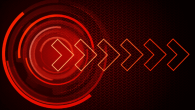 Abstract red tech background with arrows pointing right and circular design.