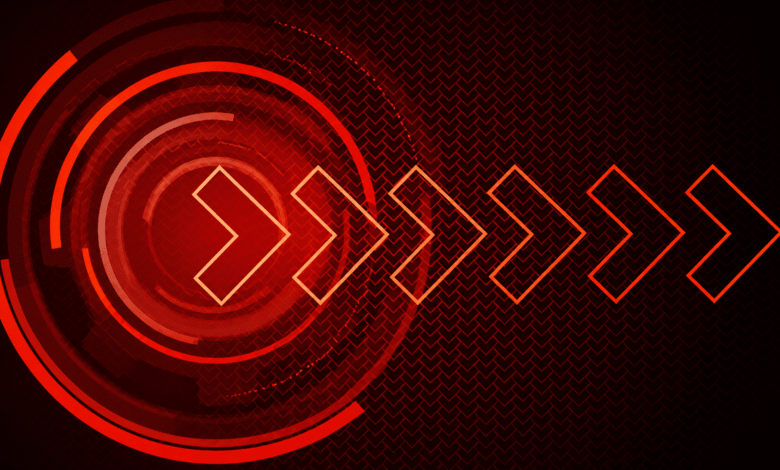 Abstract red tech background with arrows pointing right and circular design.