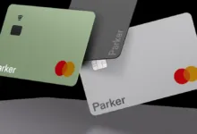 Three Parker Mastercard credit cards in green, gray, and silver.
