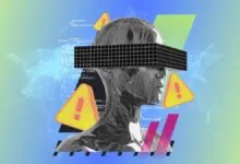 Abstract digital art: human head with code, warnings, and geometric shapes.