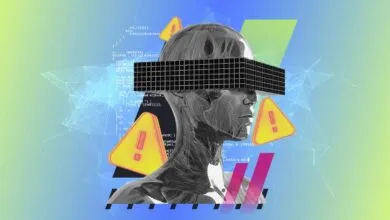 Abstract digital art: human head with code, warnings, and geometric shapes.