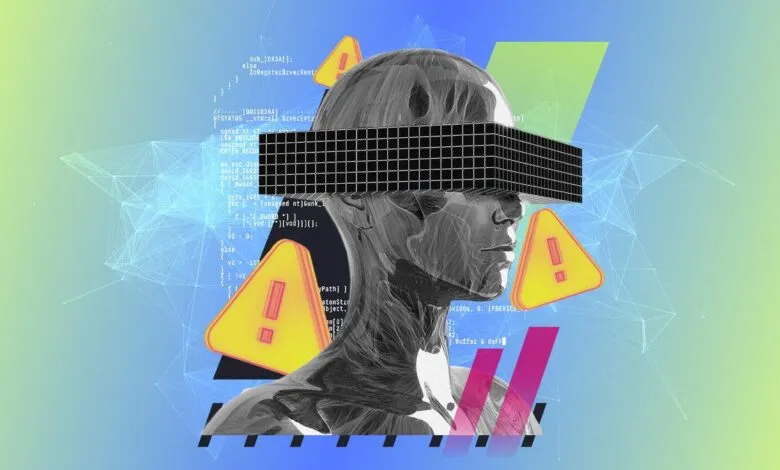 Abstract digital art: human head with code, warnings, and geometric shapes.