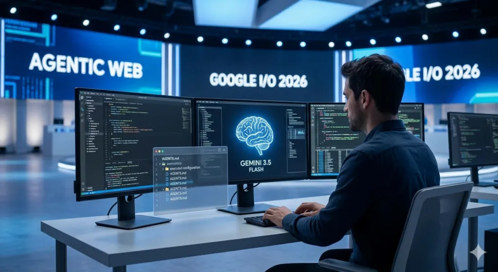 Man coding on multiple monitors with 'Agentic Web' and 'Gemini 3.5' displayed.