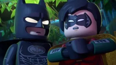 Lego Batman and Robin stand side-by-side, looking serious.