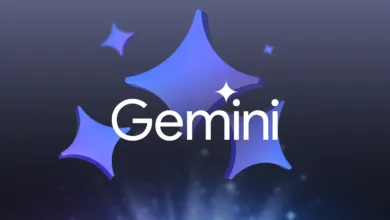 Gemini logo in white with blue star-shaped icons on a dark background.