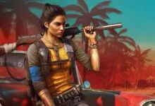 Dani Rojas from Far Cry 6 leans against a bullet-riddled car, holding a rifle.