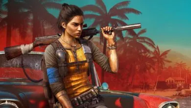 Dani Rojas from Far Cry 6 leans against a bullet-riddled car, holding a rifle.