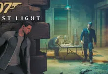 007 First Light game scene with James Bond hiding behind a stone wall.