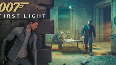 007 First Light game scene with James Bond hiding behind a stone wall.