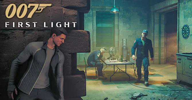 007 First Light game scene with James Bond hiding behind a stone wall.