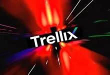 Trellix logo on black background with vibrant red and blue light streaks.