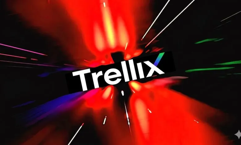 Trellix logo on black background with vibrant red and blue light streaks.