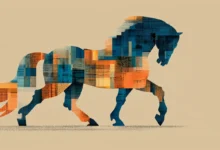Abstract horse silhouette filled with blue and orange geometric patterns.