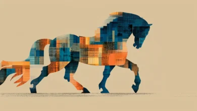 Abstract horse silhouette filled with blue and orange geometric patterns.