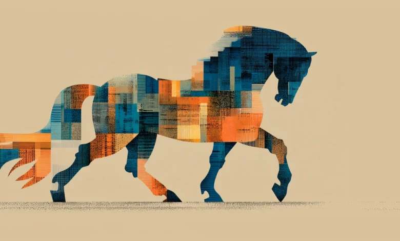 Abstract horse silhouette filled with blue and orange geometric patterns.