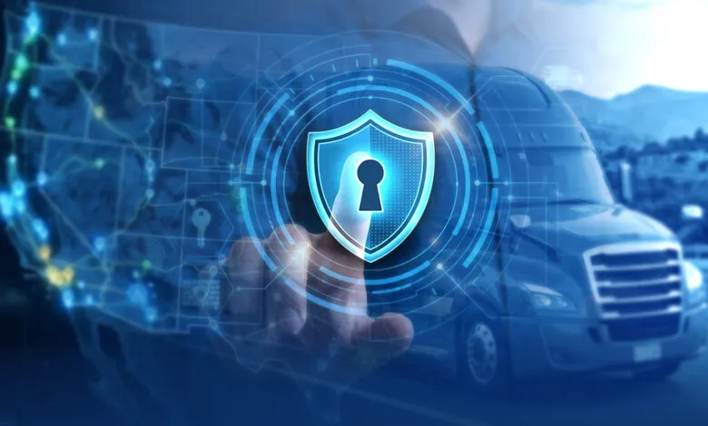 Trucking security concept with shield, map, and semi-truck.