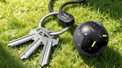 Keys and a black spherical device with green accents on green grass.