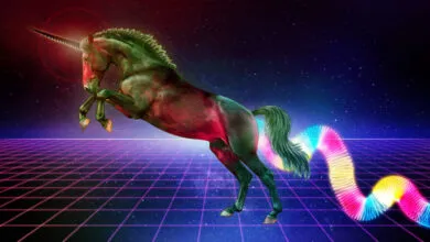 A rearing unicorn with a rainbow slinky tail on a grid background.